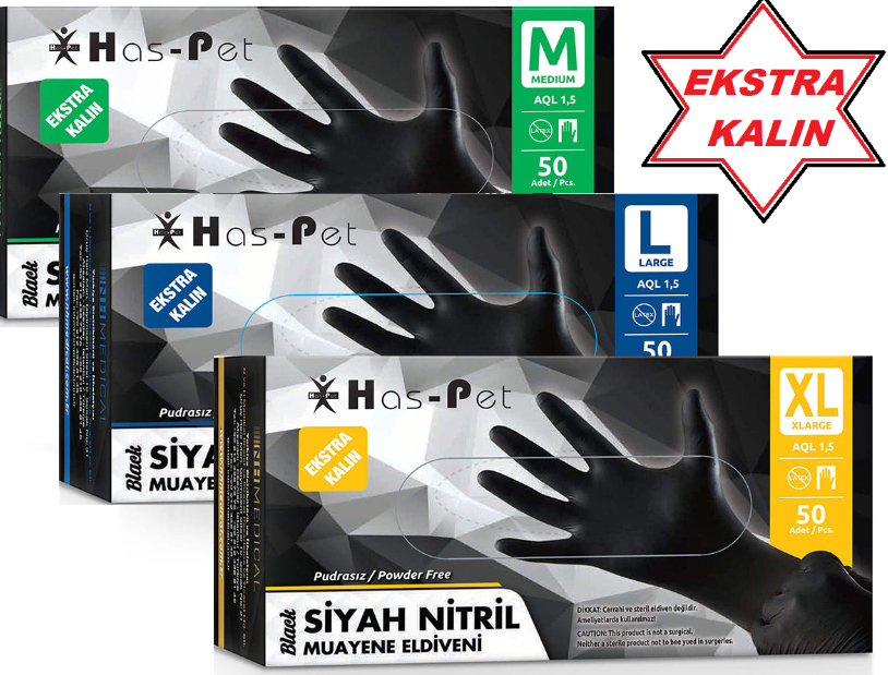 Has-Pet Siyah Kalın Nitril Muayene Eldiveni - Pudrasız 50 Adet